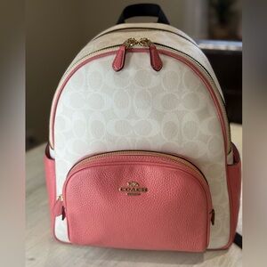 Coach Cream Signature Backpack with Pink Leather Accents